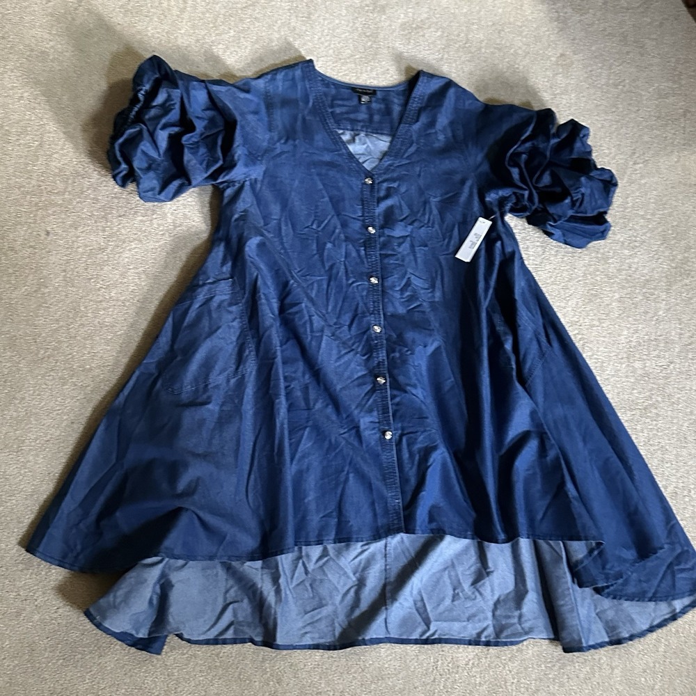 NWT Step In Style 3X Denim High-Low Dress Rhinestone Crystal Buttons Puff Sleeve
